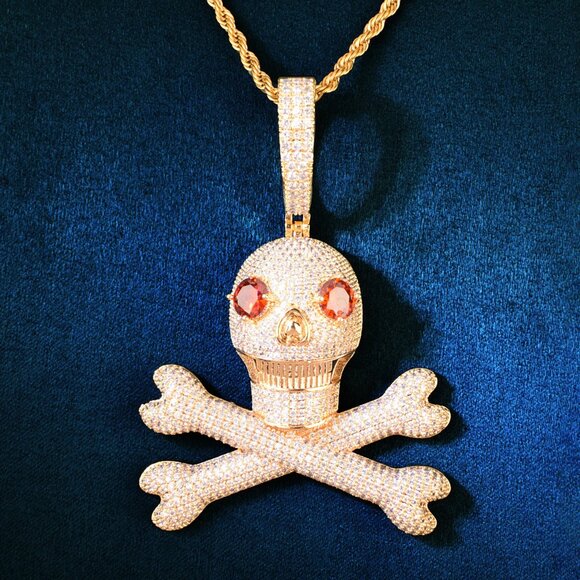 Iced Out Skull and Bones Drip Necklace Pendant with Rope Chain - Picture 6 of 8